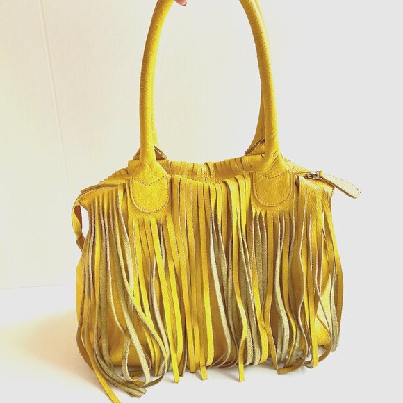 Alberta Di Canio Handbags - Alberta Di Canio Fringe Shoulder Bag Pebbled Leather Yellow Boho Western Hippie
